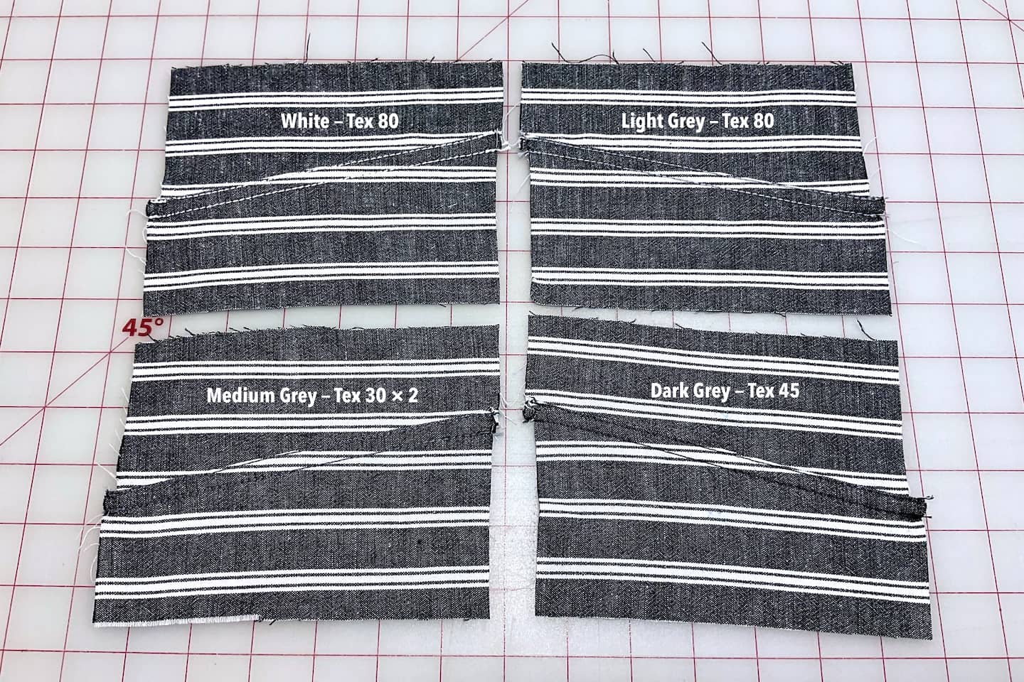 Four flat felled seams sewn out of grey linen/rayon fabric with white stripes. Each sample piece is sewn with a different colour and thickness of thread: white Tex 80, light grey Tex 80, medium grey Tex 30 doubled up, and dark grey Tex 45.