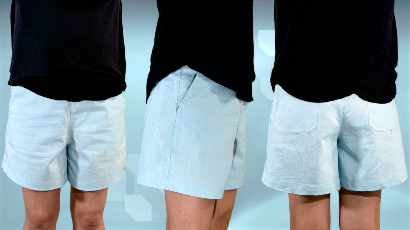 Three views of Michelle modelling sea foam blue cotton linen Bamberton Shorts