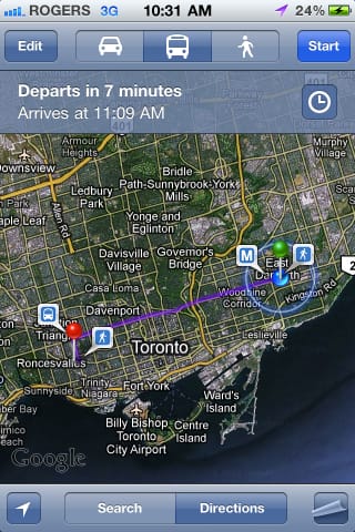 TTC Transit Directions on iPhone